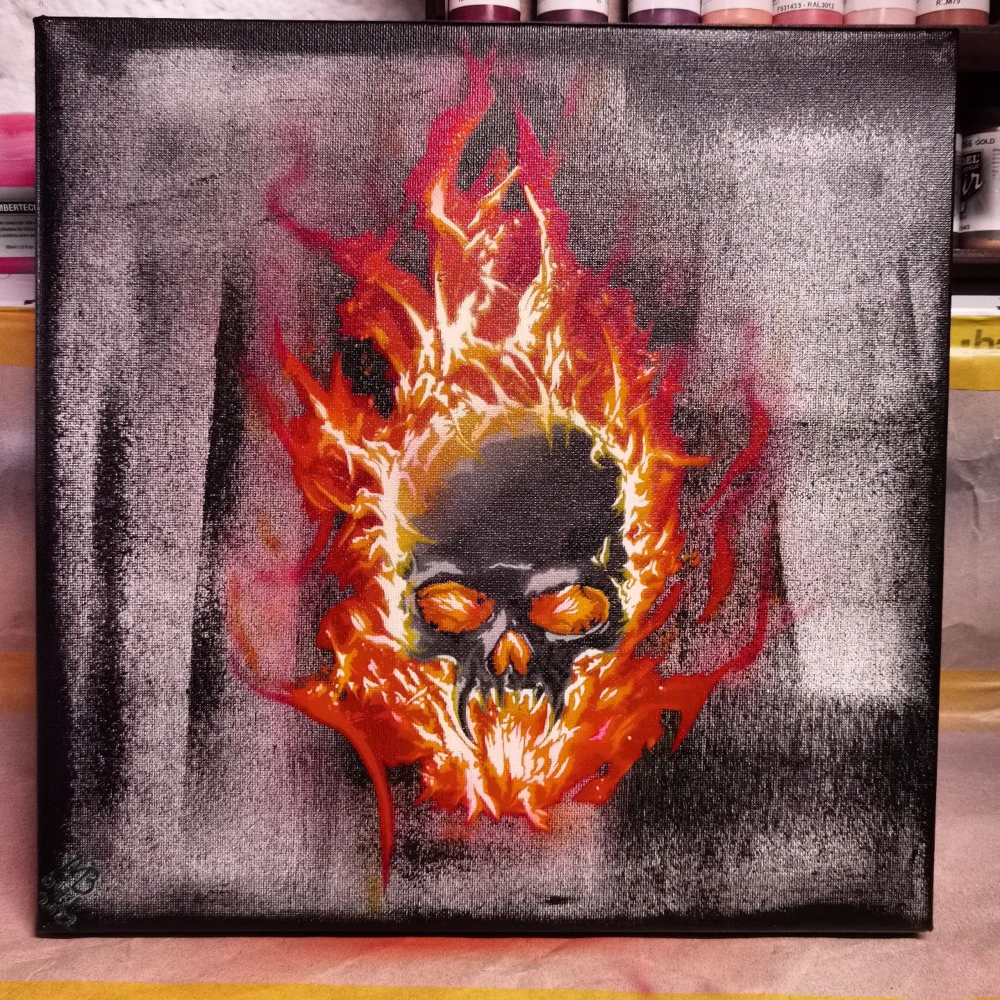 Skull in flames. Stepbystep stencil by  umr-design. Tried to play with the flames and the  background.  #airbrush #airbrushart #airbrushing #vallejo #theshifters #art #kunst #diy #creative #mystic #skull #flames #fire #grunge #feuer #flammen #totenschädel #schädel #horror #horrorart #umrdesign #stencil #stepbystep