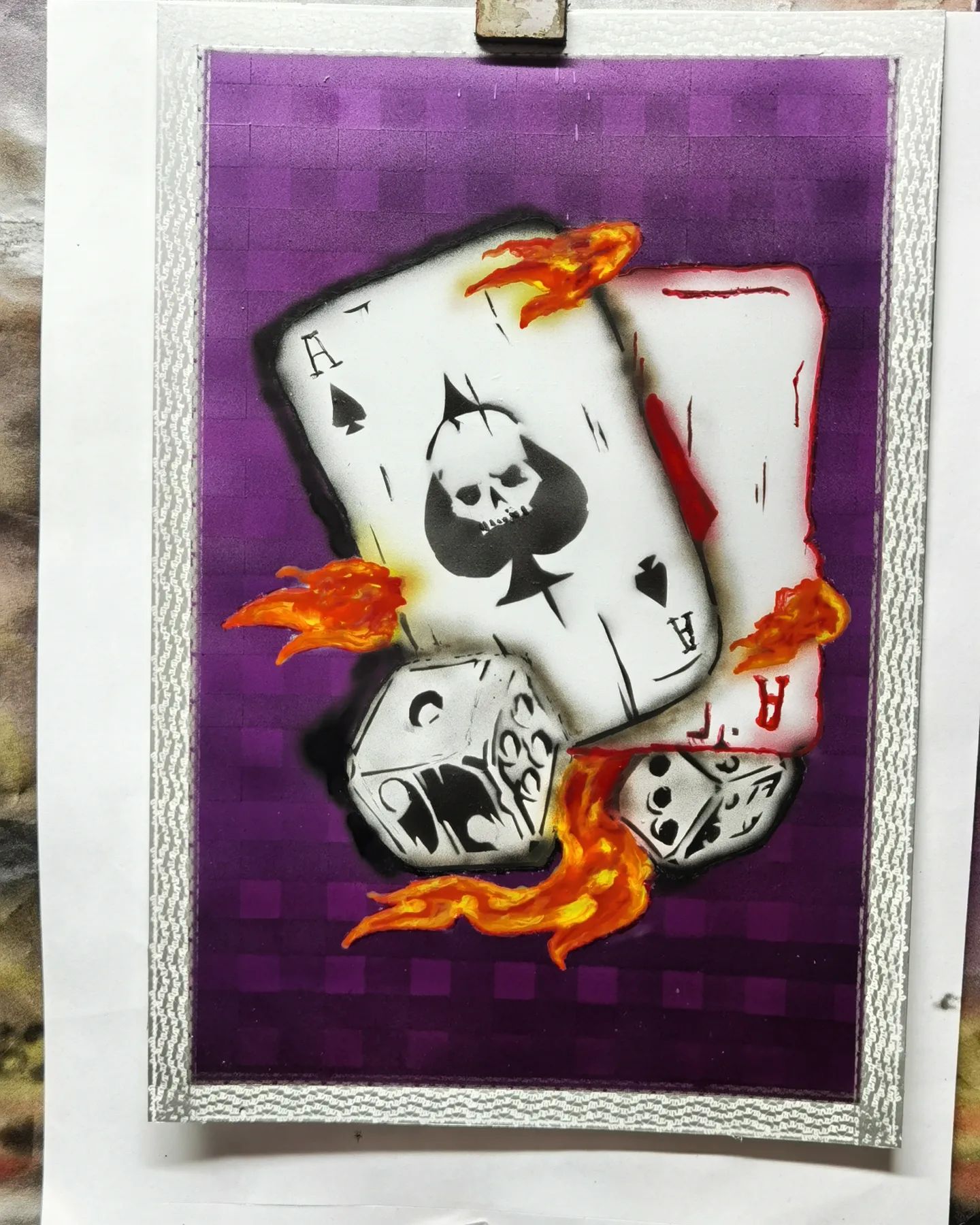 New airbrushartwork. Selfcuttet stencil. Different technics for the background. Just another tryoutpainting. Need a plotter for making stencils. To much work cutting stencils with a scalpell.  #airbrush #airbrushart #airbrushpainting #airbrushing #skulls #flames #cards #aceofspades #dices #gambling